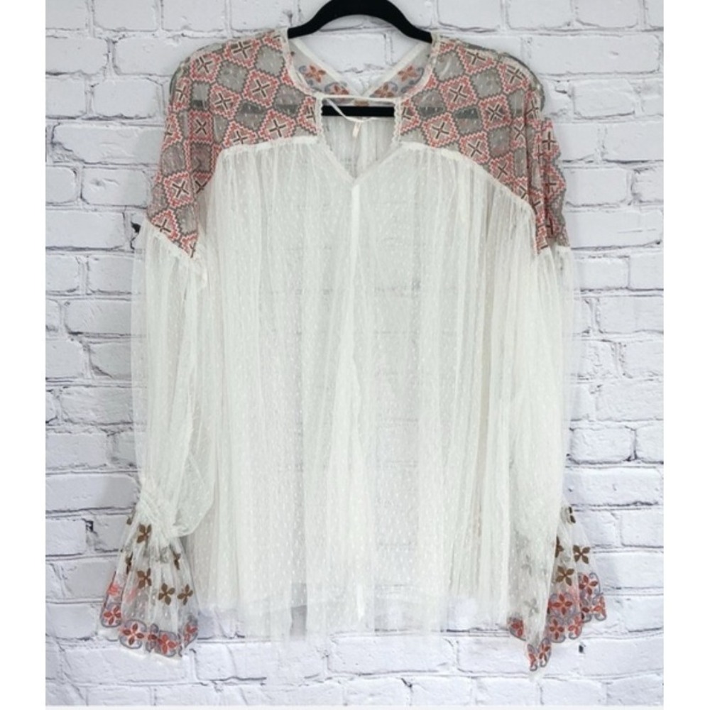 Free People Joyride Sheer Tulle Embroidery Oversized Top Long Sleeve Ivory Sz M